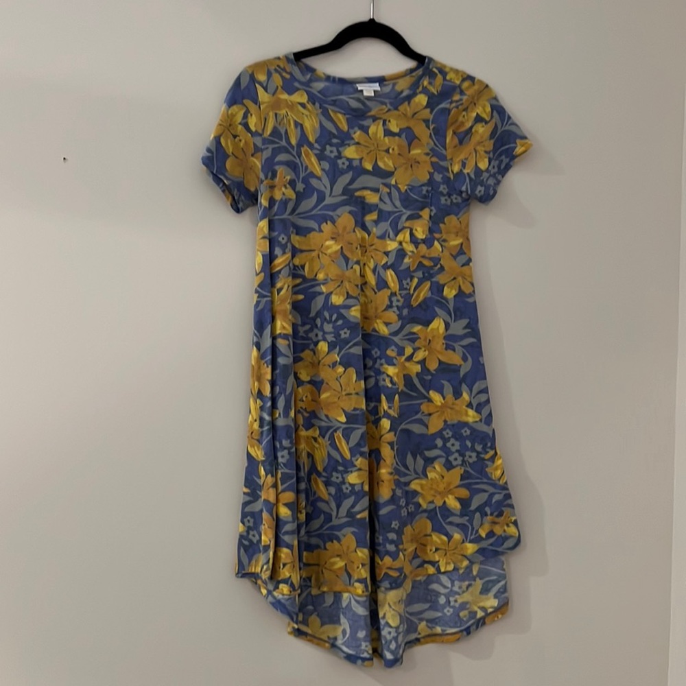 EUC LuLaRoe Blue and Yellow Floral Print Swing Dress XXS